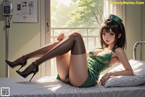 A woman in a green dress sitting on a bed.